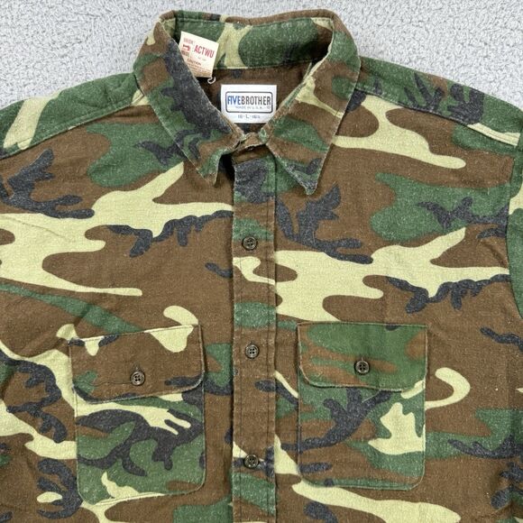 VTG Five Brothers Shirt Mens L Green Camoflage Chamois Flannel Made in USA - Picture 1 of 10